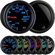GlowShift Tinted 7 Color 30 PSI Turbo Boost/Vacuum Gauge Kit - Includes Mechanical Hose, T-Fitting & Wiring - Multi-Color Display - Black Dial - Smoked Lens - for Car & Truck - 2-1/16" 52mm