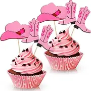 Blulu 60 Pieces Cowboy Hat and Boot Cupcake Toppers - Western Theme Cake Decorations for Birthday Parties - Pink
