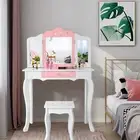 HONEY JOY Kids Vanity Dressing Table Stool Set w/Tri-folding Mirror Girls Makeup