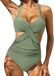 [Generic] Green Bikini Monokini Women Push Waist Wrap Suit Swimsuit One-Piece Swimwear Bathing Up High Swimwears Rhinestone Bikini