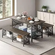 DWVO 3-Piece Dining Table Set for 4-6 People, 63" Dining Room Table with 2 Benches, Industrial Rectangular Dining Room Table Set with Storage for Kitchen, Dining Room, Grey