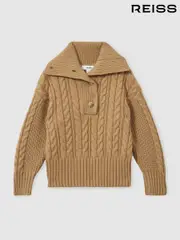 Reiss Camel Etta 13-14 yrs Cotton-Blend Open-Collar Cable-Knit Jumper With Wool (AD5006) | $90