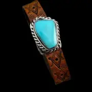 Real Turquoise leather Sterling silver bracelet adjustable Navajo Mike Smith Si