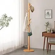 Coat Rack Stand, Wooden Coat Rack with 8 Hooks, Coat Tree for Clothes/Bag/Hats, Hanger Stand for Entryway/Living Room/Bedroom/Office, Easy Assembly Coat Hanger