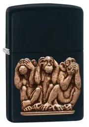 Zippo 29409, 3 Monkeys Design, Emblem, Black Matte Lighter, (PL) Pipe Insert