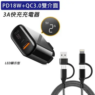 PD18W+QC3.0雙介面3A快充充電器+PD60W四合一充電快充組