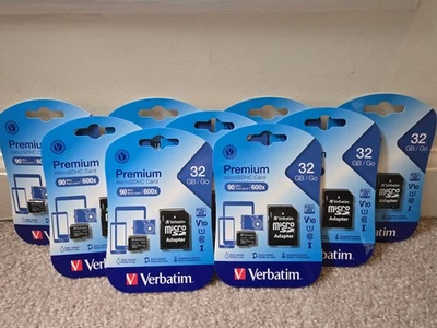 NINE (9) Verbatim Premium 32 GB microSDHC Card w/ Adapter * 44083 SEALED