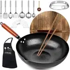 Carbon Steel Wok Pan 14 Piece Woks & Stir-Fry Pans Set with Wooden Lid Cookware