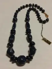 Vintage Lucite Navy-Blue Graduated Bead Necklace 24" Gold Tone Spacers NOS
