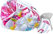 [WOSHJIUK] Working Hat 2 Pack Scrub Caps for Women,Floral Tropical Pink Flamingos,Tie Back Cap Adjustable Scrub Hat