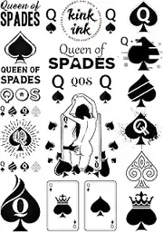 Kink Ink - 23 x Queen of Spades Temporary Tattoo Kinky Black Lettering A4 Sheet