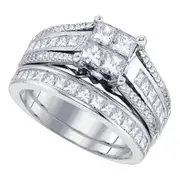 14k White Gold Princess Diamond Cluster Bridal Wedding Ring Set 1-7/8 Cttw