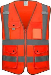 KANMORE Safety Vest - High Vis Orange/Yellow, EN ISO 20471, 7 High Visibility Snap-Button Pockets, Reflective & Washable for Construction and Personal Safety