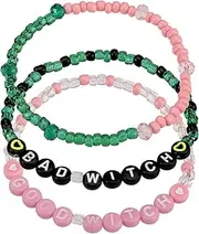 3 Pcs Friendship Matching Bracelets, Pink & Green Beads Wicked Bracelets Friendship Bracelet for Women Witch Friendship Bracelet for Friends Party Dress Accessories, Medium, Acrylic, no gemstone