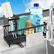 Richenda Kitchen Sink Organiser, Kitchen Sink Caddy with High Brush Holder, Stainless Steel Dish Organizer Divider, Soap Dispenser Storage, Black