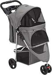 Dog Stroller, Grey, Foldable Pet Pushchair with Sunroof & Mesh Windows, 300D Oxford Fabric, 80 x 46 x 98 cm, Storage Basket & Cup Holders