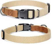 Mile High Life Dog Collars | Soft Cotton Dog Collars w Heavy Metal Buckle | Classic Puppy Collar w Premium Genuine Leather Tips | Pet Collars for Large Dogs (Khaki)