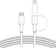 Belkin 2-in-1 Charging Cable with USB-C & Lightning Connector - Braided Fast-Charging Cable, USB-C to USB-C & Lightning Charger Cord, Multi-Charging Combo for Apple iPhone, iPad, Samsung, More - White