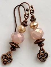 Beautiful Etched Copper with Rose and Peach Crystal Earrings.