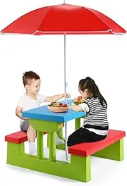 HONEY JOY Kids Picnic Table Set, Table Bench Set for Toddlers w/Removable Umbrella, Indoor Outdoor Portable Picnic Table Bench Set for Tea Time & Sturdy, for Home, Garden & Patio (Red & Green)