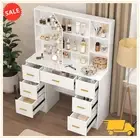 Makeup Vanity with Opened Mirror and Lights, Vanity Makeup Table with 7 Drawers