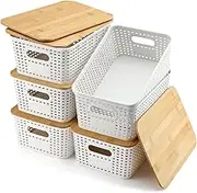 Plastic Storage Baskets with Bamboo Lid, Stackable Small Storage Bins, Storage Baskets for Organizing Shelves Drawers Desktop Closet Office Kitchen