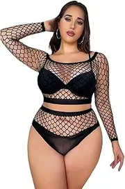 [Aiosy] Plus Size Lingerie Fishnet Black Babydoll Chemise Mesh Tights Nightwear Teddy Dress Bodysuit Rave Outfits Nightgowns