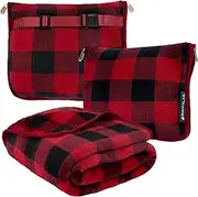 PAVILIA Travel Blanket and Pillow, Dual Zippers, Clip On Strap, Warm Soft Fleece 2-in-1 Combo Blanket Airplane, Camping, Car, Large Compact Blanket Set, Luggage Backpack Strap, 60 x 43 (Checker Red)