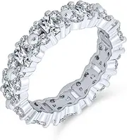 [Bling Jewelry] Timeless Cubic Zirconia AAA CZ Alternating Round & Baguette Flower Anniversary Eternity Wedding Band Ring For Women .925 Sterling Silver