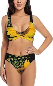 [JEJEA] Leaf with Sunflowers Print Women Swimsuit, Women'S High-Waisted Bikini Set, Two-Piece Sport Bathing Suits, Black, XXL