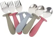 KOCKSHION Stainless Steel Toddler Utensils Boys and Girls Fork and Spoon Set Soft Silicone Handle