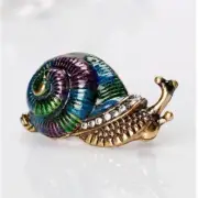 Brooch Snail Brass Tone Green & Red Enamel Shell with Clear Crystals