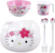 Hello Kitty Flowers Cute Pink Dinnerware Flatware Meal Set – Plate Bowl Cup Fork Spoon, 5 pieces