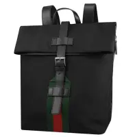 在飛比找momo購物網優惠-【GUCCI 古馳】經典綠紅綠織帶帆布折疊旅用包後背包(黑 