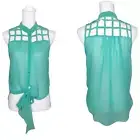 Millau Teal Tie Front Sleeveless Button Blouse Lattice Yoke Size M New With Tags