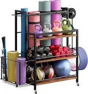 NOAEOU Large Capacity Rack with Hooks and Wheels, 40D x 70W x 93H cm Yoga Storage Racks for Sports Equipment