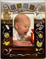 ANSON Baby Girl Photo Frame w Engraving Plate Silver - Pink & Yellow. New in Box