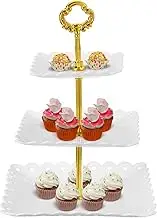 uxcell 2Pcs 3-Tier Cupcake Stand Holder, Plastic Square Tiered Serving Stand, Mini Cakes Fruit Candy Display Dessert Tower Tray for Tea Party, Wedding, White