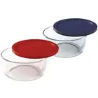 Pyrex 7203 7-Cup Glass Food Storage Bowl w/ 7402-PC Dark Blue & Red Lid Cover