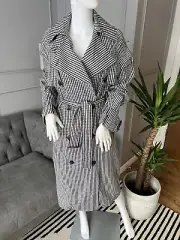 NEXT Trench Coat Black & White Check Long Mac Trench Jacket UK 8 RRP £90