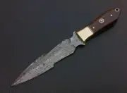 handmade damascus steel 10"mini dagger knife handle wood with brass clip