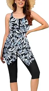 [Ecupper] Women's Tankini Set Swimming Dress Floral Pattern Swimsuit with Shorts Swimsuit Plus Size, Grey Leaf, 3X-Large