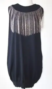 BALMAIN Wool Silver Metal Chain Fringe Embellished Tunic Dress 42 10