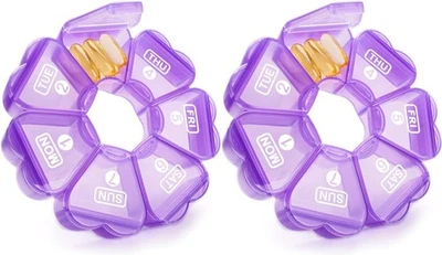 (2 Pack) Large Pill Organizer 7 Day, Portable Daily Pill Cases Medicine Purple