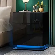Oikiture Bedside Table LED Nightstand Night Table with 3 Drawers Black