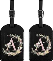 BHAHB 2 Pack Initial Letter Luggage Tag Monogram Luggage Tag PU Leather Suitcase Tags Funny Aesthetic Cute Monogrammed Travel Bag Labels for Women Girls (Letter-A)