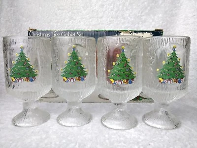 Vintage Indiana Ice Bark Crystal Goblet Set Christmas Tree Drink 13 oz Cups
