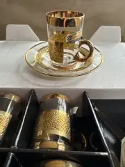 New Tags Box Hand Made Bohemia espresso Set 6 piece saucers cups original Czech