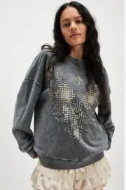 Free People One Teaspoon Studded Eagle Retro Pullover Ribbed Slouchy Gray S NWT