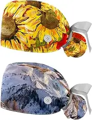 [YTYVAGT] 2-Pc,Nurse Scrub Caps,Scrub Hats with Buttons and Cotton Sweatband,Vintage Yellow Sunflowers